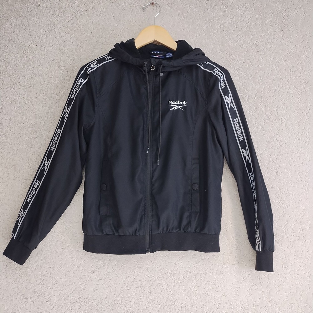 Reebok Men’s S Black Hooded Track Jacket Full Zip Logo Tape Y2K